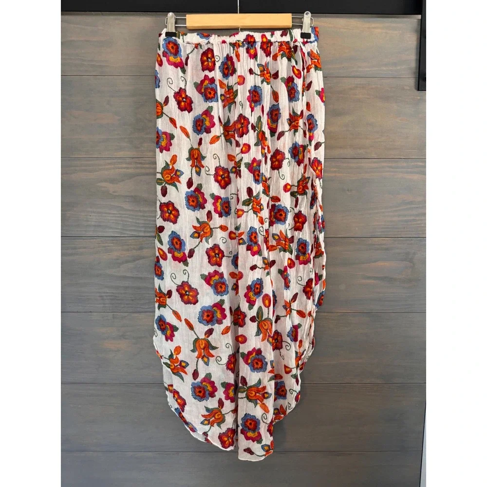 OVS Floral Maxi Skirt Swim Cover White Red Multi Viscose Elastic Waist S/M